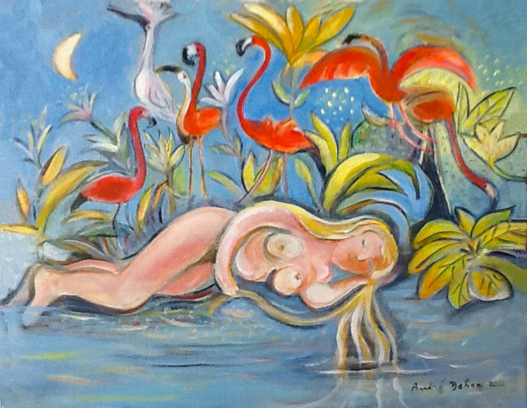 Paradis aux flamants roses- acrylique sur toile