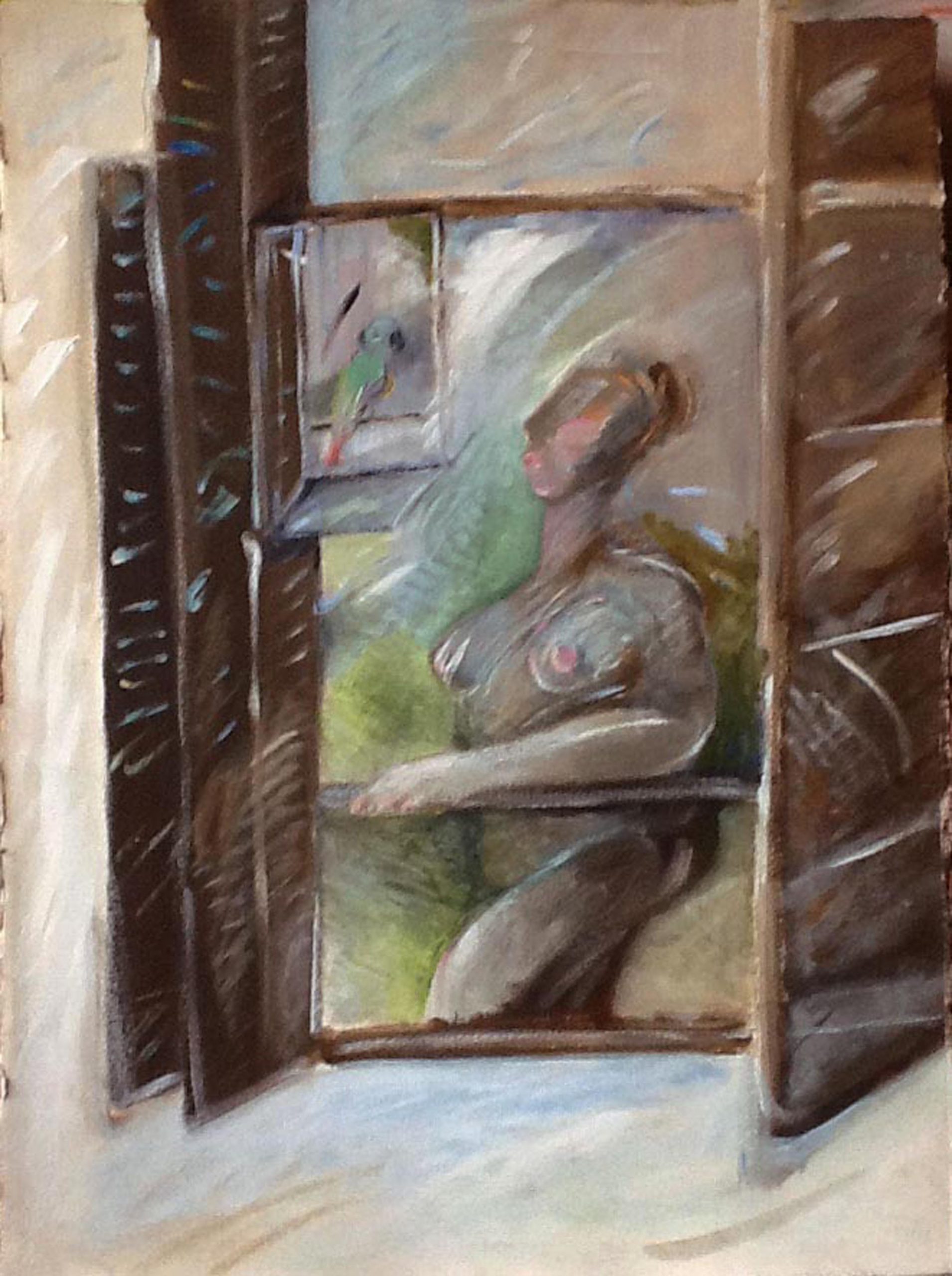 Femme noire à la fenêtre - peintures mixtes sur carton